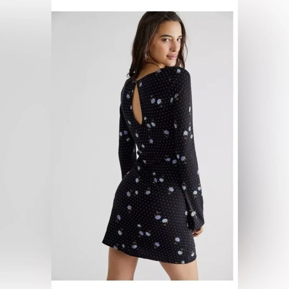 FREE PEOPLE CELIA MINI DRESS BLACK POLKA DOT BLUE FLORAL SIZE SMALL - Picture 2 of 10